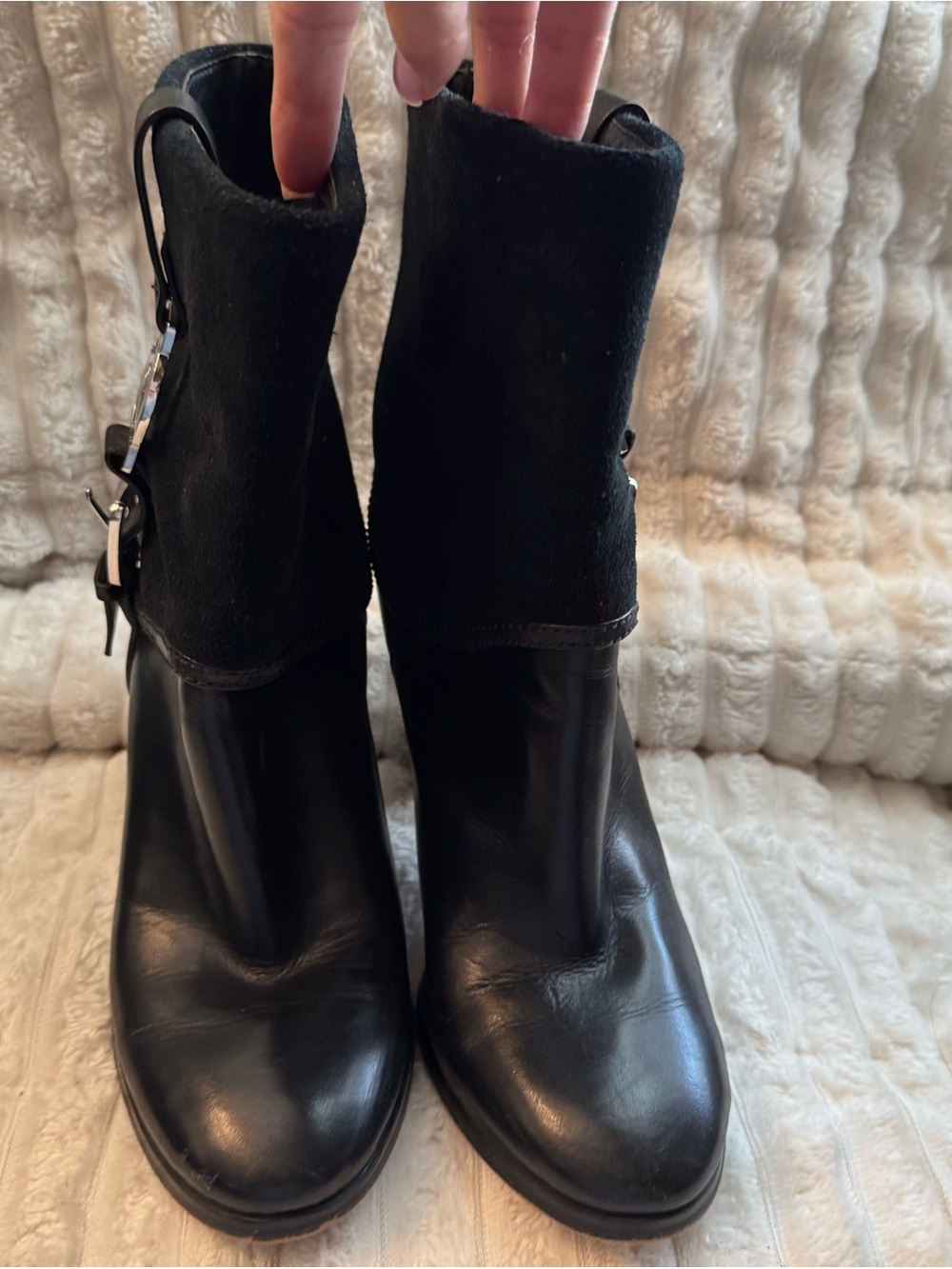 Michael Kors Black Leather Fold-Over Ankle Boots with Buckle